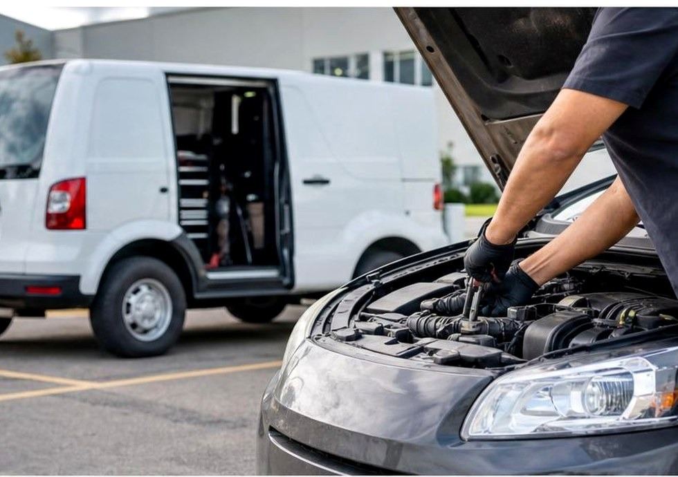 Mobile mechanic van staged beside an open hood in Wichita